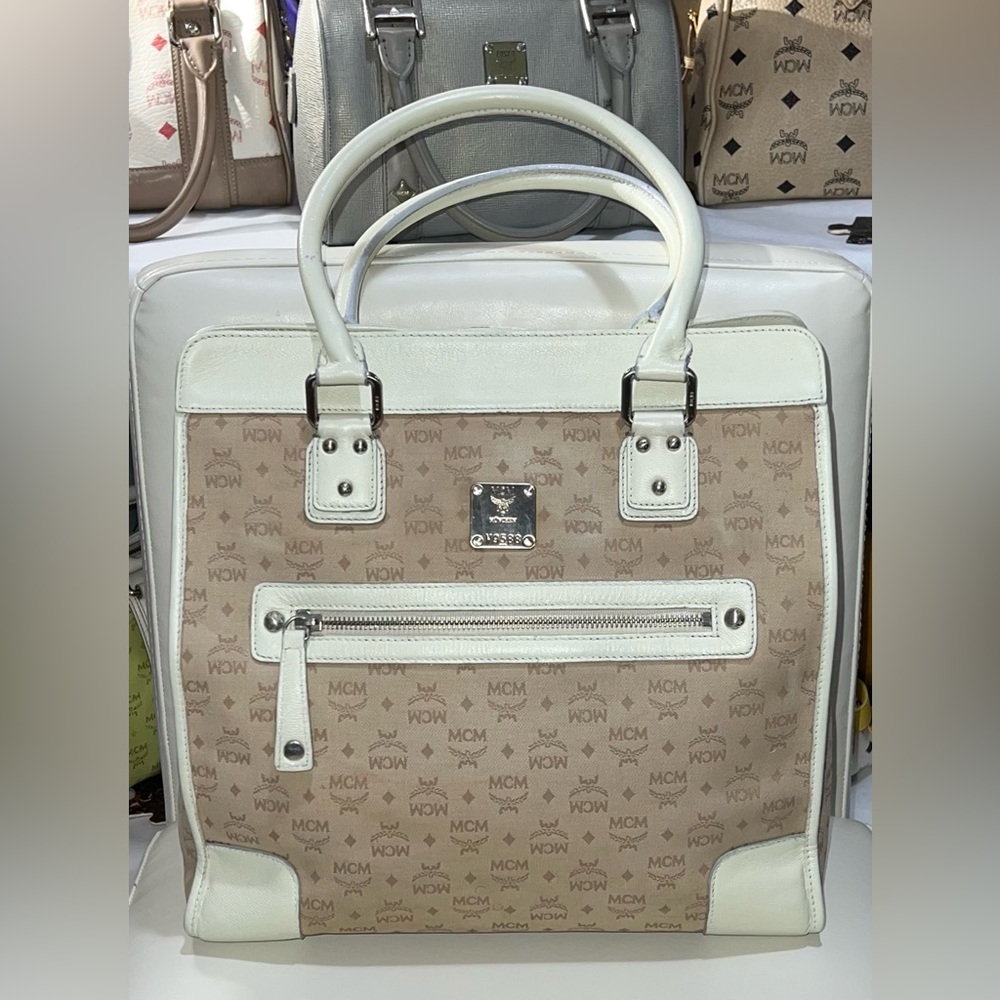 MCM Work Laptop Tote Bag Khaki Canvas MCM Visetos Logo Cream /Gray Leather Trim